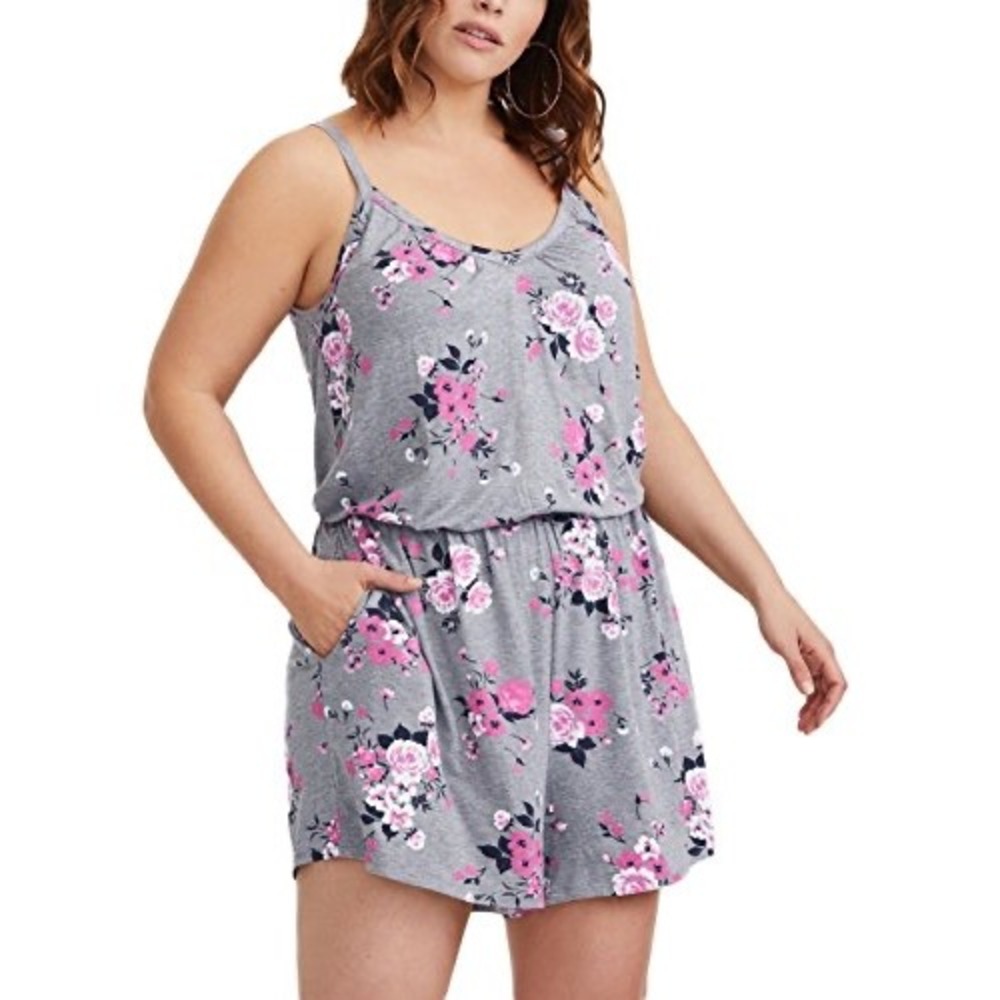 Torrid Romper Womens Large Gray Pink Floral Jersey Knit Stretch Pockets NWT - Picture 1 of 5